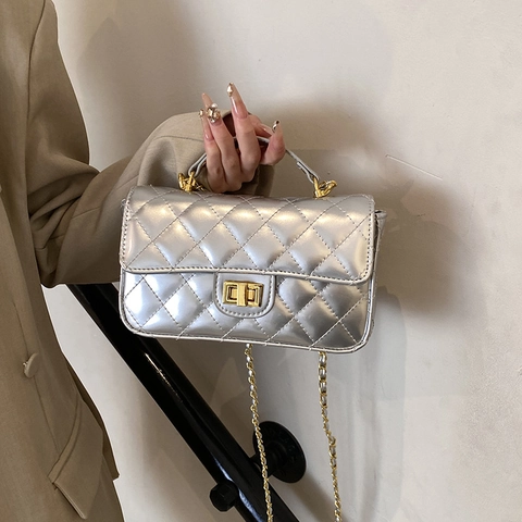 Quilted Patent Leather Crossbody Bag For Women With Metal Chain Handle Small Square Shoulder Handbag Elegant Turn Lock
