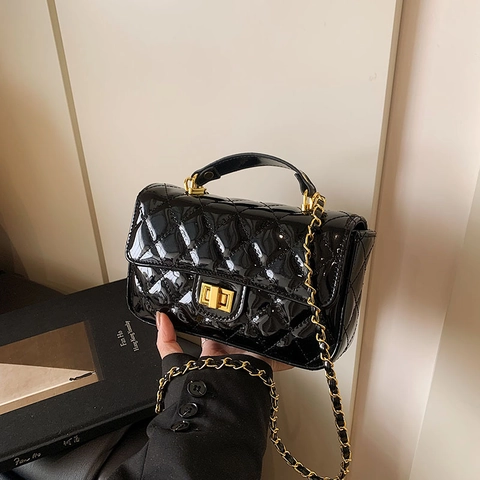 Quilted Patent Leather Crossbody Bag For Women With Metal Chain Handle Small Square Shoulder Handbag Elegant Turn Lock