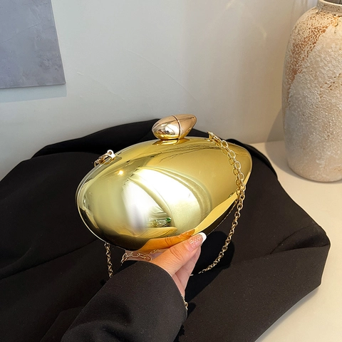 Metallic Mirror Finish Evening Bag Hard Shell Pebble Shape Clutch With Chain Strap For Banquet Party Women