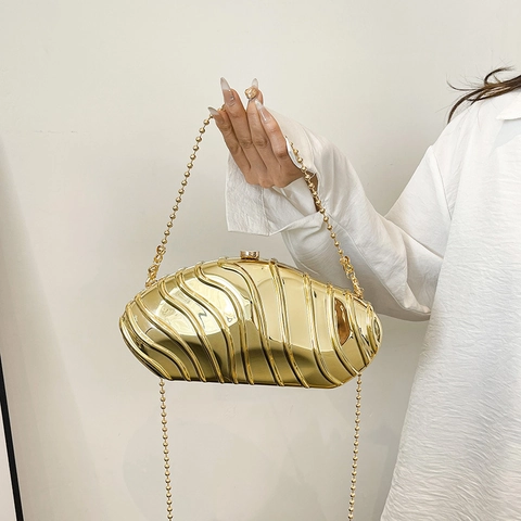 Women Evening Clutch Bag Acrylic Metallic Shell Shape Wave Texture With Detachable Ball Chain Strap Elegant Party Handbag Mirror Finish
