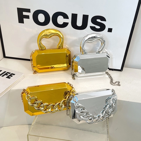 Bolso De Noche Clutch Mujer Acrílico Corte Gema Geométrico Espejo Metálico Caja Con Correa De Cadena