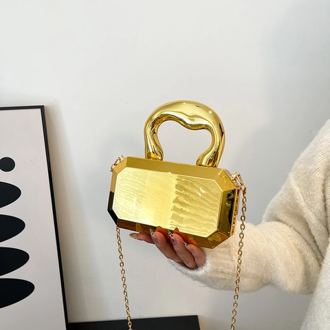 Bolso De Noche Clutch Mujer Acrílico Corte Gema Geométrico Espejo Metálico Caja Con Correa De Cadena