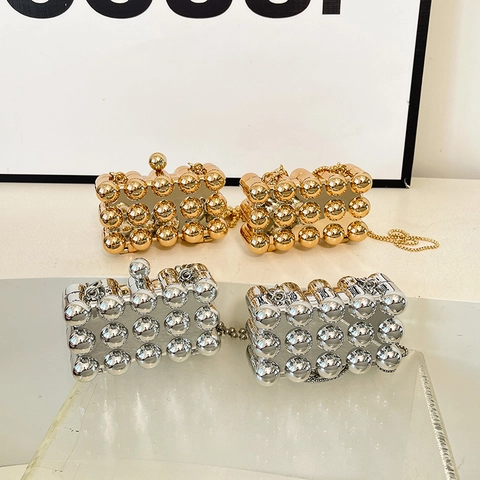 Mini Avondtasje Acryl Metallic Sfeer Noppen Box Clutch Met Kralenketting Voor Feest Bruiloft Moderne Vrouwen