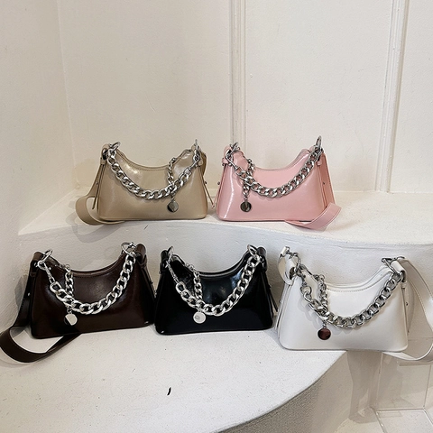 Women Shiny PU Leather Chain Underarm Bag Fashionable Hobo Crossbody Shoulder Bag With Silver Chain Decoration