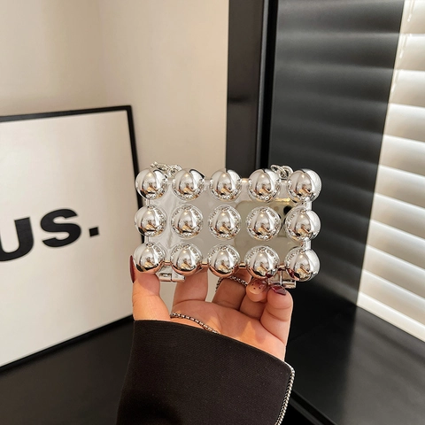 Mini Avondtasje Acryl Metallic Sfeer Noppen Box Clutch Met Kralenketting Voor Feest Bruiloft Moderne Vrouwen