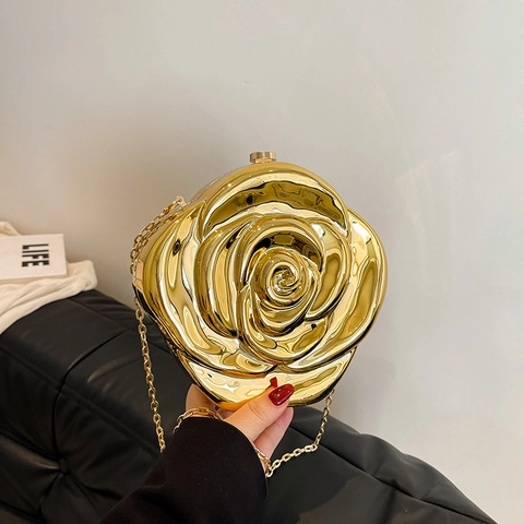Rose Flower Evening Clutch Bag Acrylic Metal Hard Shell Party Handbag With Chain Strap And Artificial Pearl Handle For Women