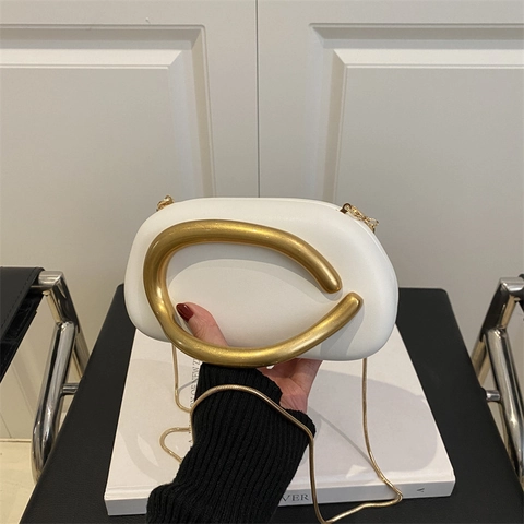 Women Evening Clutch Bag PU Leather With Irregular Gold Metal Handle Snake Bone Chain Crossbody Shoulder Minimalist Purse