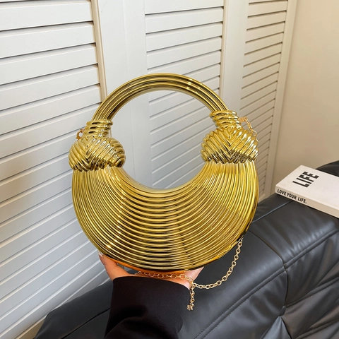 Borsa Da Sera In Acrilico A Mezzaluna Con Manico Rotondo Texture A Coste Catena Metallica Pochette Da Festa Lusso