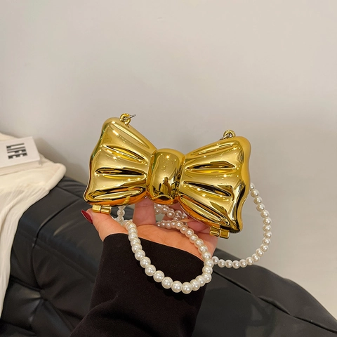 Women Mini Evening Bag Bowknot Shape Metallic Acrylic Mirror Finish Crossbody Chain Strap Party Clutch Handbag