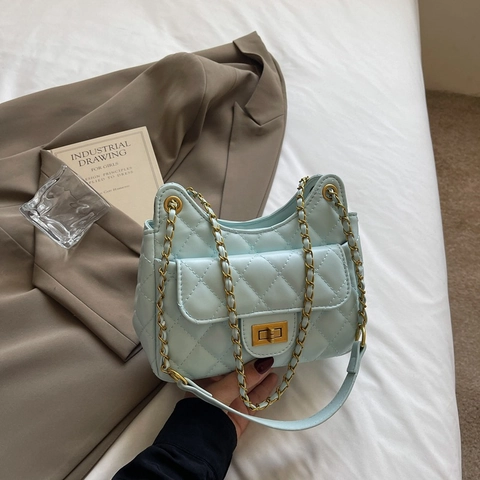 Women's Quilted Chain Underarm Bag PU Leather Rhombus Pattern Shoulder Bag Gold Twist Lock Elegant Crossbody Handbag