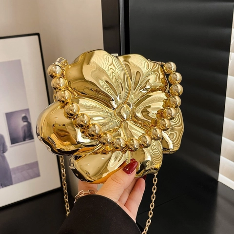 Bolso De Noche Con Forma De Flor Cartera De Mano Acrílico Metálico Espejo Caja Con Asa De Perlas Y Cadena Desmontable Para Mujer