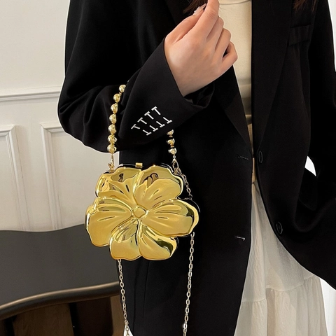 Bolso De Noche Con Forma De Flor Cartera De Mano Acrílico Metálico Espejo Caja Con Asa De Perlas Y Cadena Desmontable Para Mujer