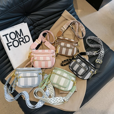 Women Geometric Plaid Chest Bag PU Leather Fabric Patchwork Wide Jacquard Strap Fashion Multi Pocket Waist Bag Casual