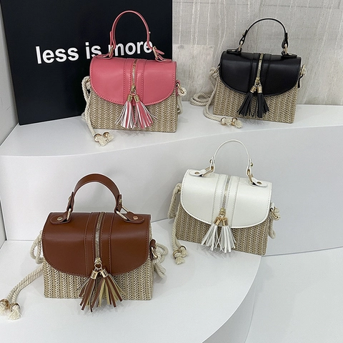 Borsa A Tracolla In Paglia Intrecciata Donna Vacanze Estive Al Mare Patchwork Pelle PU Nappa Borsa A Mano Corda