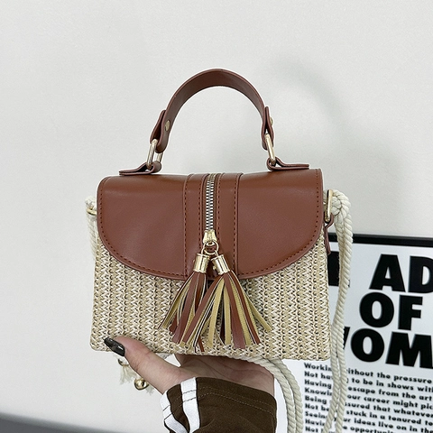 Borsa A Tracolla In Paglia Intrecciata Donna Vacanze Estive Al Mare Patchwork Pelle PU Nappa Borsa A Mano Corda