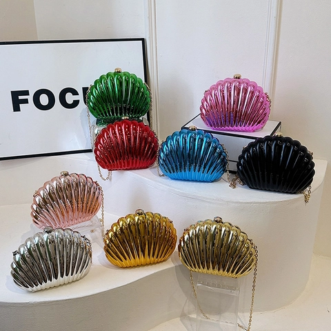 Seashell Shape Acrylic Evening Clutch Bag Metallic Mirror Finish Wave Texture Crossbody With Chain For Women Party Wedding