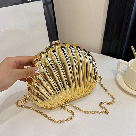 Seashell Shape Acrylic Evening Clutch Bag Metallic Mirror Finish Wave Texture Crossbody With Chain For Women Party Wedding