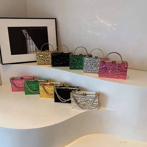 Abendtasche Aus Metallischem Acryl Box-Design Mit Faltenstruktur Kettenriemen Party Hochzeit Clutch Für Damen Kleine Tasche