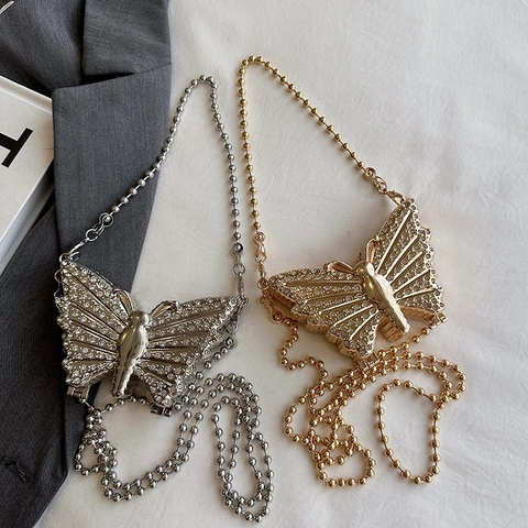 Bolso de Caja Mini de Metal con Forma de Mariposa y Strass para Mujer Bolso de Noche con Cadena Dorado Plata