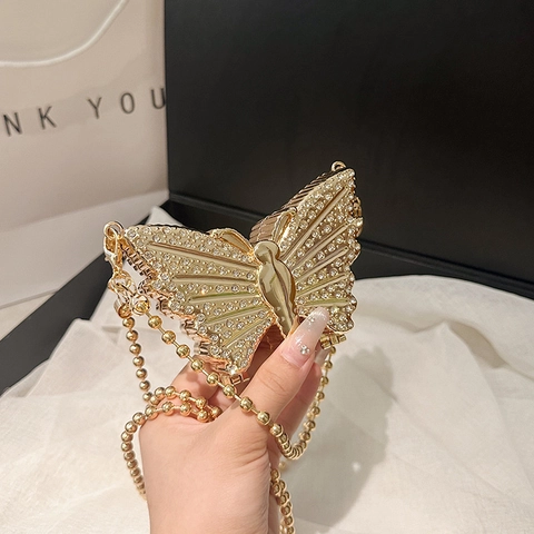 Bolso de Caja Mini de Metal con Forma de Mariposa y Strass para Mujer Bolso de Noche con Cadena Dorado Plata
