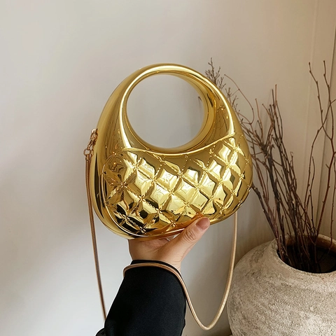 Pochette Da Sera In Acrilico Metallico Borsa A Tracolla A Scatola Trapuntata Con Manico Tondo E Catena Donna