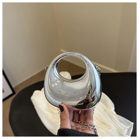 Moon Shape Metallic Handbag Acrylic Mirror Finish Evening Clutch With Hollow Round Handle And Chain Strap For Women