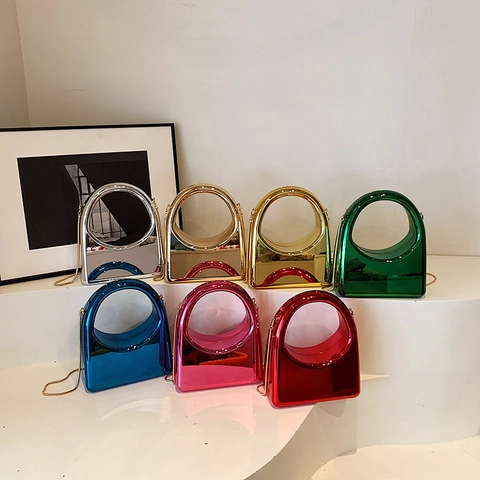 Dames Spiegel Metallic Avondtas Acryl Harde Schaal Ronde Holle Handgreep Crossbodytas Afneembare Ketting Feest Clutch