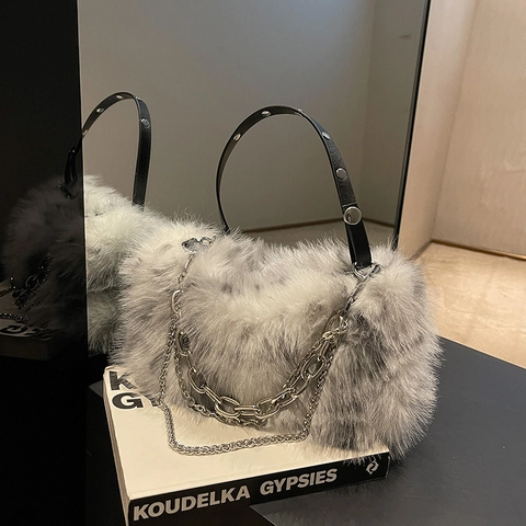 Borsa A Spalla In Finta Pelliccia Con Catena In Metallo Borsa Sottoascellare In Peluche Borsa A Mano Alla Moda Da Donna Autunno Inverno