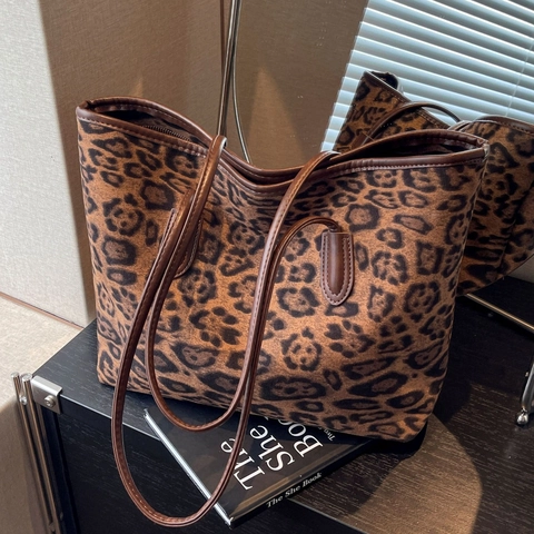 Borsa Tote Con Stampa Leopardata Grande Capacità Pelle PU Retro Urbano Stile Semplice Borsa A Tracolla Da Donna Quotidiana