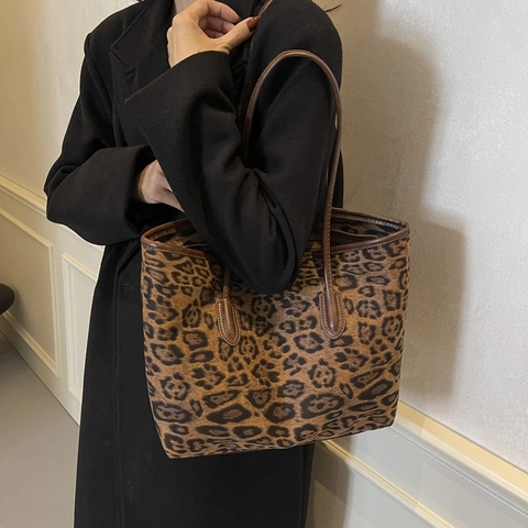 Borsa Tote Con Stampa Leopardata Grande Capacità Pelle PU Retro Urbano Stile Semplice Borsa A Tracolla Da Donna Quotidiana