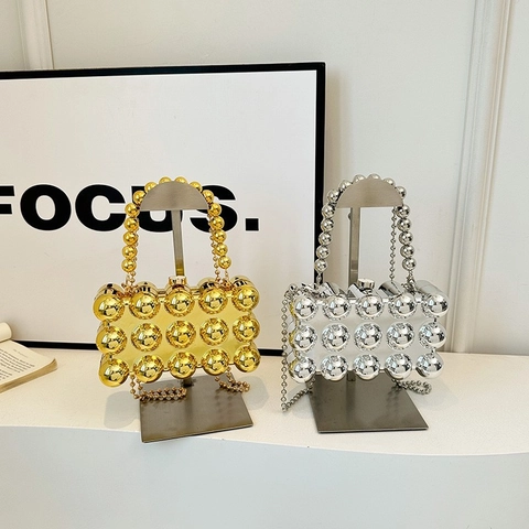 Women Evening Box Clutch Acrylic Metal Sphere Bead Decor Party Wedding Handbag With Removable Chain Strap