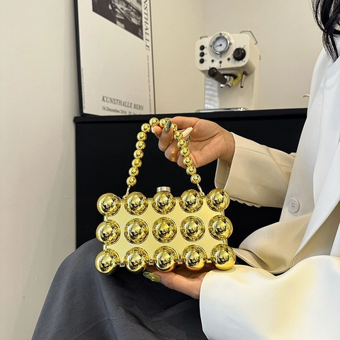 Women Evening Box Clutch Acrylic Metal Sphere Bead Decor Party Wedding Handbag With Removable Chain Strap