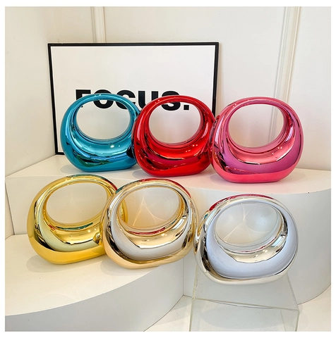 Bolso de Noche de Acrílico de Moda para Mujer Bolso de Mano de Luna Hueca Acabado de Espejo Metálico Geométrico Clutch Fiesta