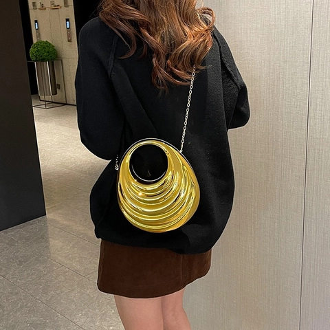 Women Acrylic Evening Bag Metallic Wavy Texture Clutch With Chain Strap Crossbody Circular Handle Handbag For Party Banquet