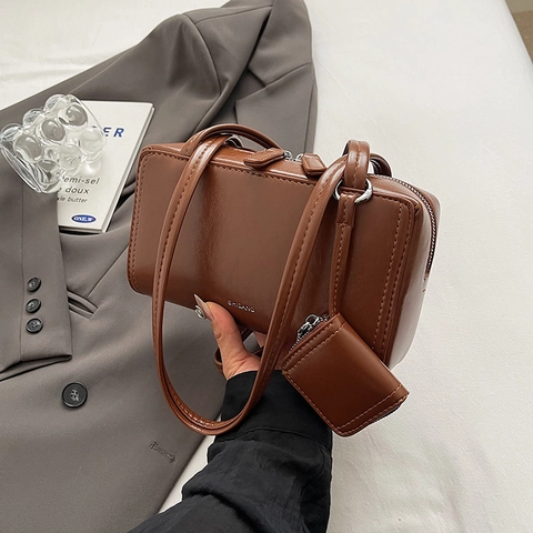 Bolso de Axila de Cuero PU Vintage Bolso de Mano Cuadrado Pequeño Mujer Tendencia Color Sólido Con Mini Bolsa Desmontable