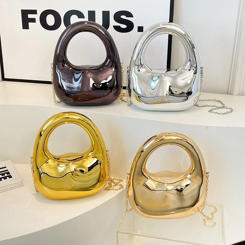 Borsa Da Sera In Acrilico Superficie Specchio Metallico Manico Rotondo Scultoreo Catena Tracolla Mano Festa