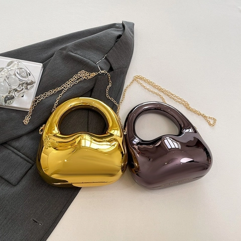 Borsa Da Sera In Acrilico Superficie Specchio Metallico Manico Rotondo Scultoreo Catena Tracolla Mano Festa