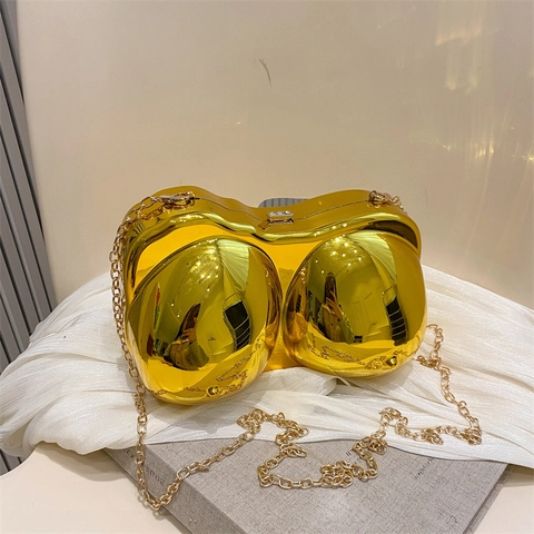 Anatomical Breast Shaped Evening Bag Acrylic Mirror Metallic Party Clutch For Women With Chain Crossbody Strap