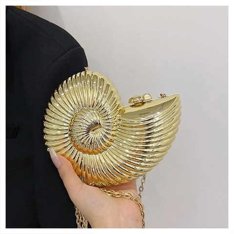 Nautilus Conch Shell Evening Clutch Bag Acrylic Hard Shell Metallic Mirror Finish With Chain Strap For Women Party