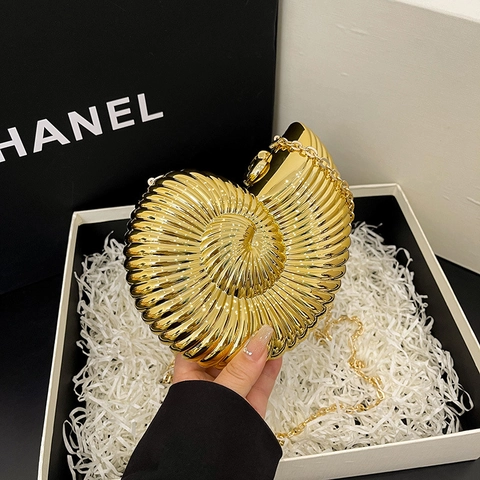 Nautilus Conch Shell Evening Clutch Bag Acrylic Hard Shell Metallic Mirror Finish With Chain Strap For Women Party
