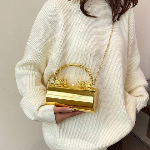 Dames Avondtas Cilindrische Acryl Clutch Met Dubbele Draak Handvat Metalen Ketting Schoudertas Formele Party Handtas Retro