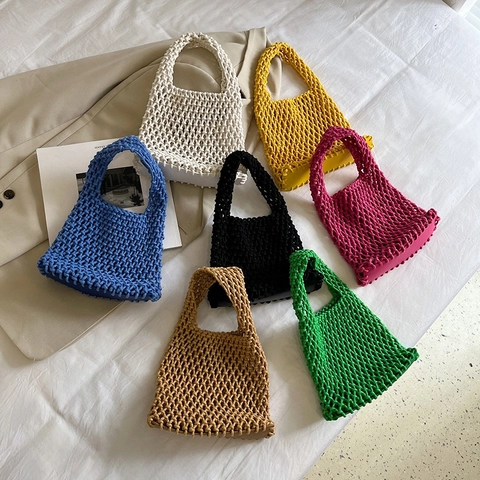 Hand Woven Cotton Rope Handbag Hollow Out Mesh Summer Beach Tote Bag Casual Solid Color For Women