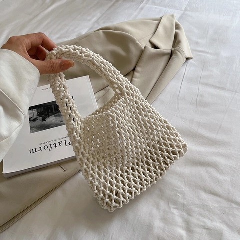 Hand Woven Cotton Rope Handbag Hollow Out Mesh Summer Beach Tote Bag Casual Solid Color For Women
