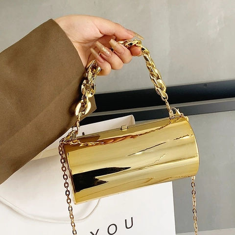 Zylinder Abendtasche Acryl Spiegel Umhängetasche Mit Panzerketten Griff Metallic Hartschale Clutch Für Frauen Party Abendessen