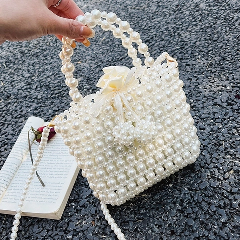 Hand Woven Imitation Artificial Pearl Beaded Handbag Retro Style Bucket Bag With Satin Drawstring Pouch Detachable Strap Women
