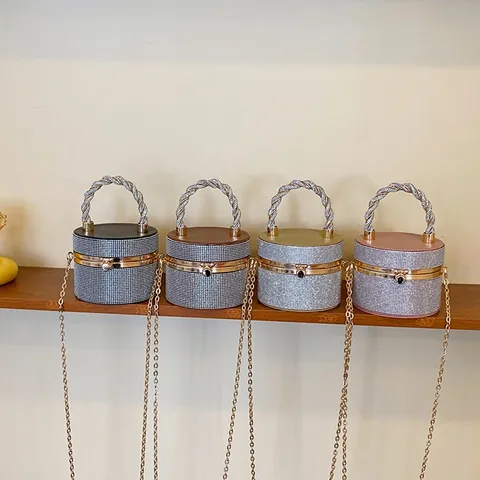 Damen Abendtasche Strass Zylindrische Acryl Box Eimer Handtasche Mit Metallgriff Und Kettengurt Luxus Glänzend Dinner Party