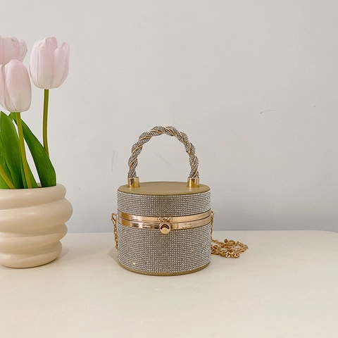 Damen Abendtasche Strass Zylindrische Acryl Box Eimer Handtasche Mit Metallgriff Und Kettengurt Luxus Glänzend Dinner Party