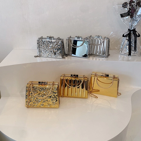 Acryl Box Avond Clutch Tas Metaal Textuur Harde Schaal Crossbody Met Kettingriem En Handvat Voor Dames Feest