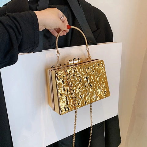 Acryl Box Avond Clutch Tas Metaal Textuur Harde Schaal Crossbody Met Kettingriem En Handvat Voor Dames Feest