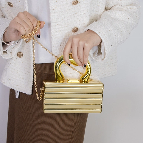 Acryl Box Clutch Avondhandtas Metallic Rimpelstreep Harde Schaal Met Handvat En Afneembare Kettingriem